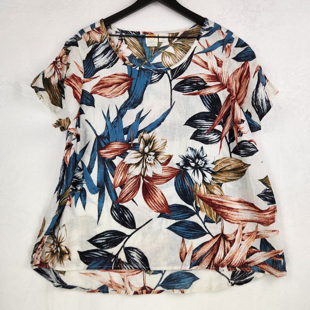 C&C California 100% Linen Top Size 1X Tropical Resort Summer Boho Chic India